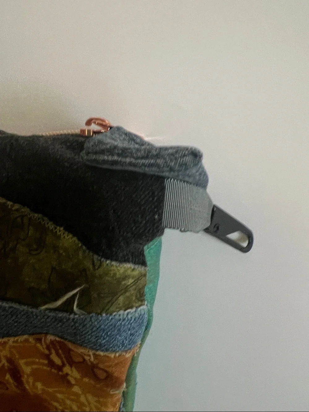 Hand Crafted Patchwork Cosmetic Bag - Blue, Orange & Olive repurposed jean bag