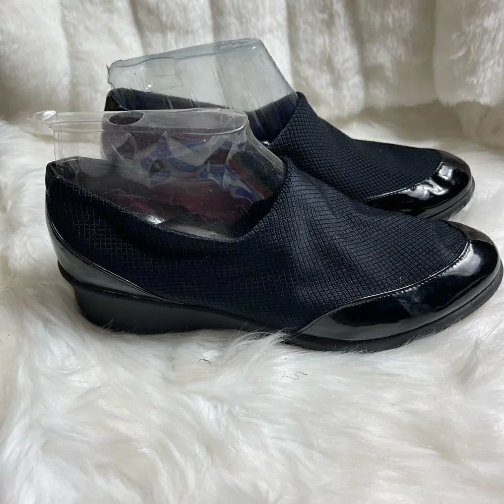 Abella Tiressa black patent and nylon wedge slip on rubber soles size 10