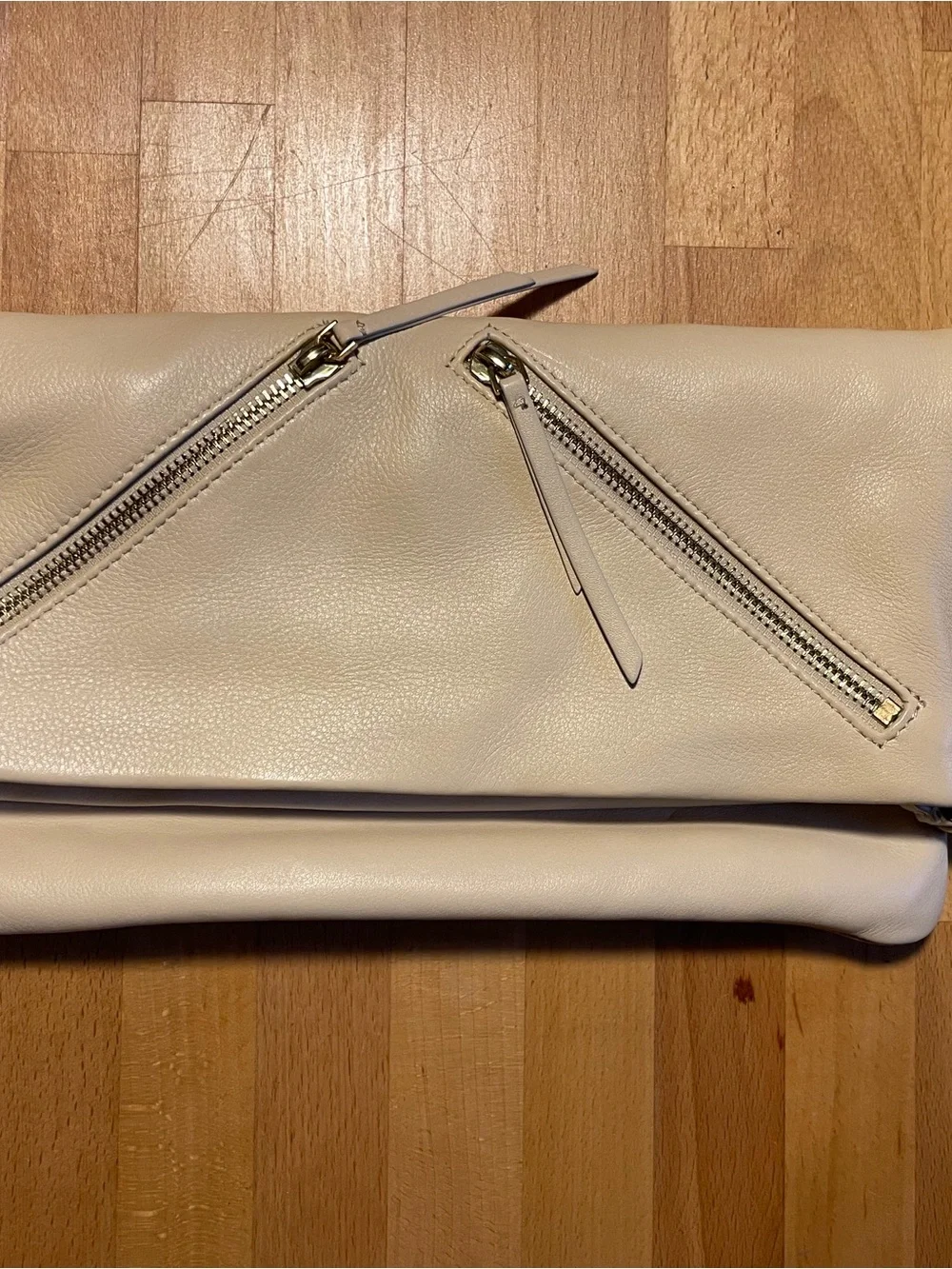 Cream Fold-Over Leather Clutch with Zip Accent