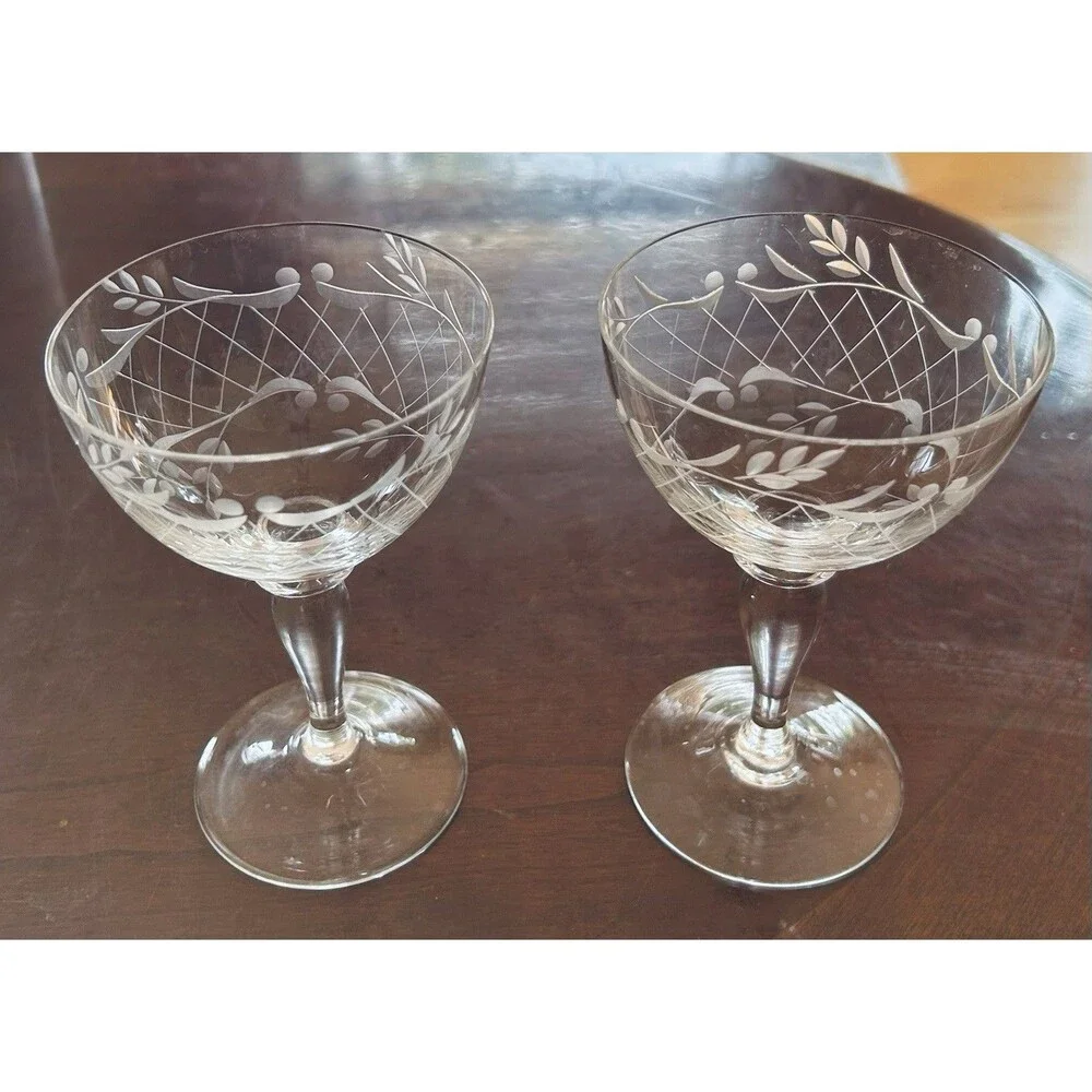 Vintage 1940 Elegant Hand‎ Engraved Czech Bohemian Crystal Coupes