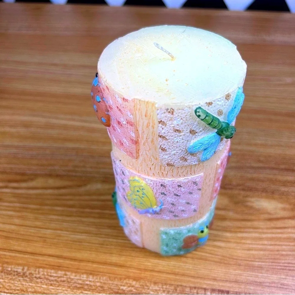 Pastel‎ Pillar Candle Whimsical Garden Insect Hand Painted Decor