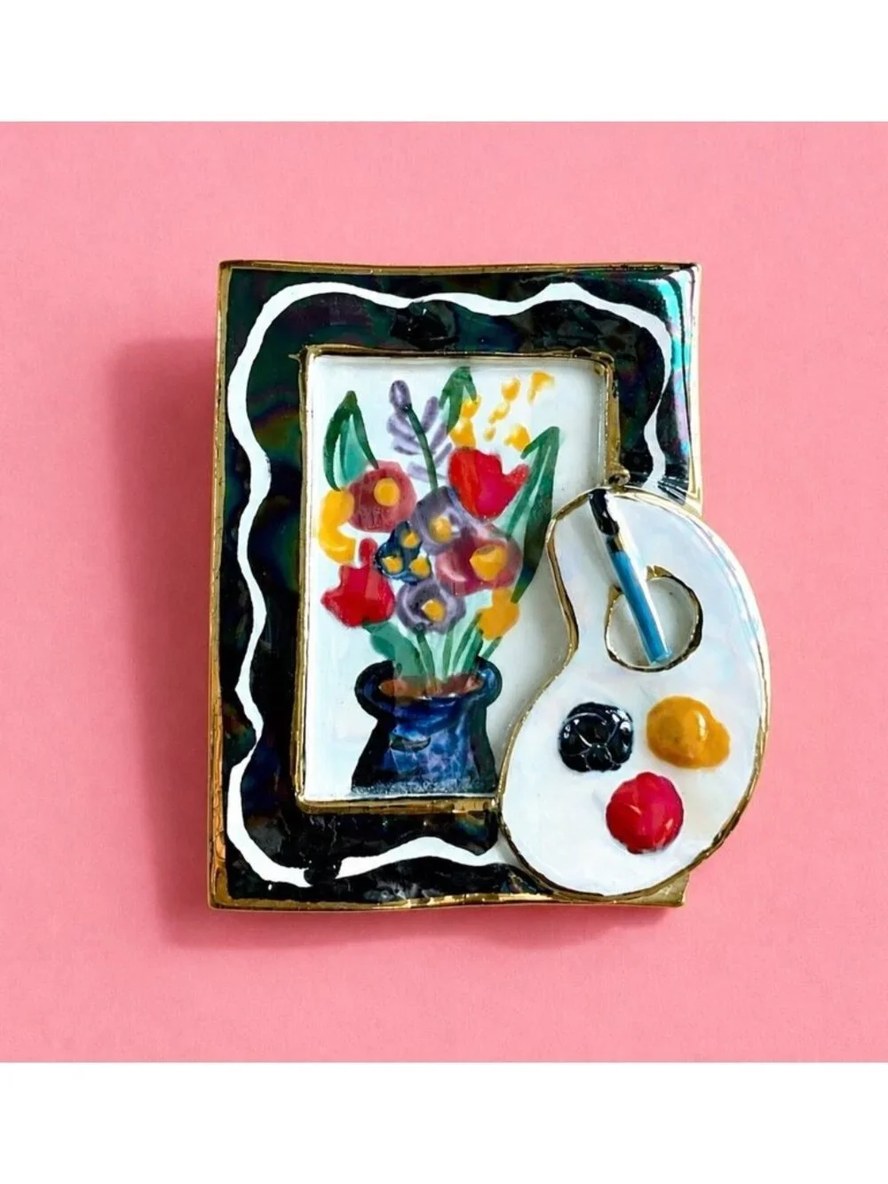 Vintage Artisan Ceramic Brooch Framed Floral Artist Painter Palette Pop Art Pin