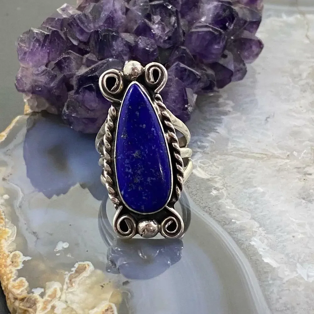 Native American Sterling Silver Lapis Decorated Teardrop Ring SZ 5.75 For Women