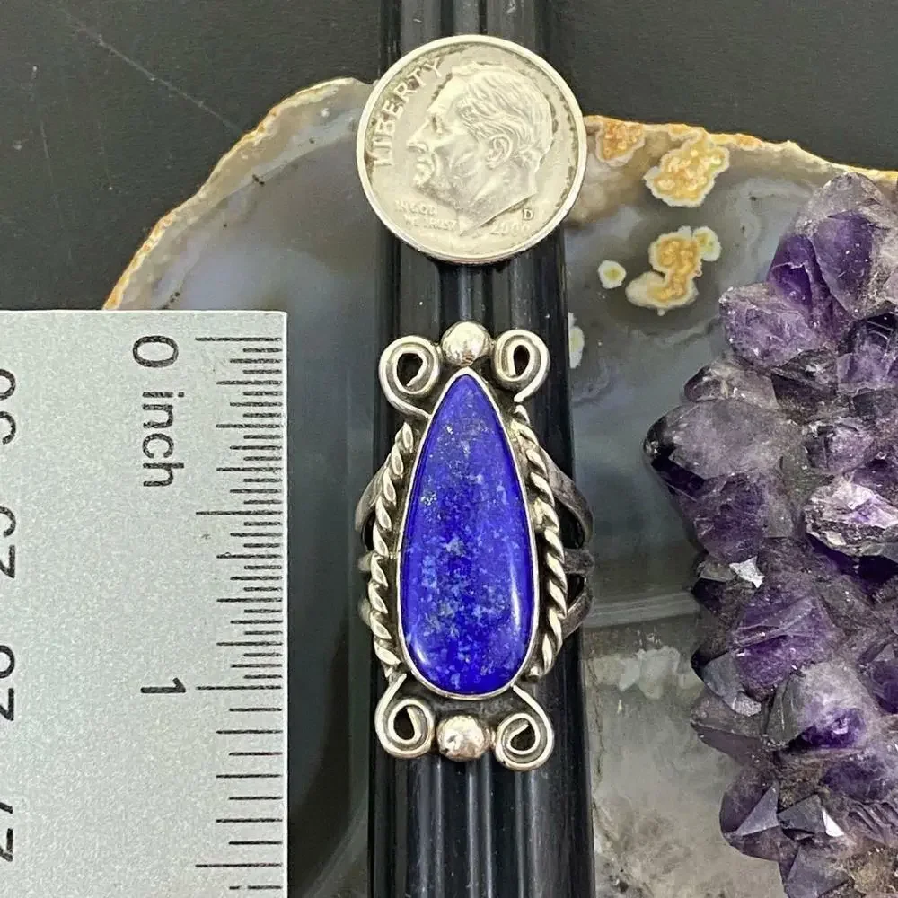 Native American Sterling Silver Lapis Decorated Teardrop Ring SZ 5.75 For Women