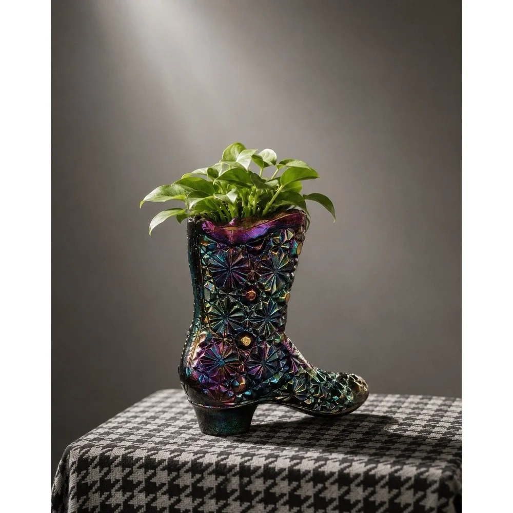VTG Fenton Glass Carnival Glass Boot/vase/vessel Amethyst Daisy & Button 4