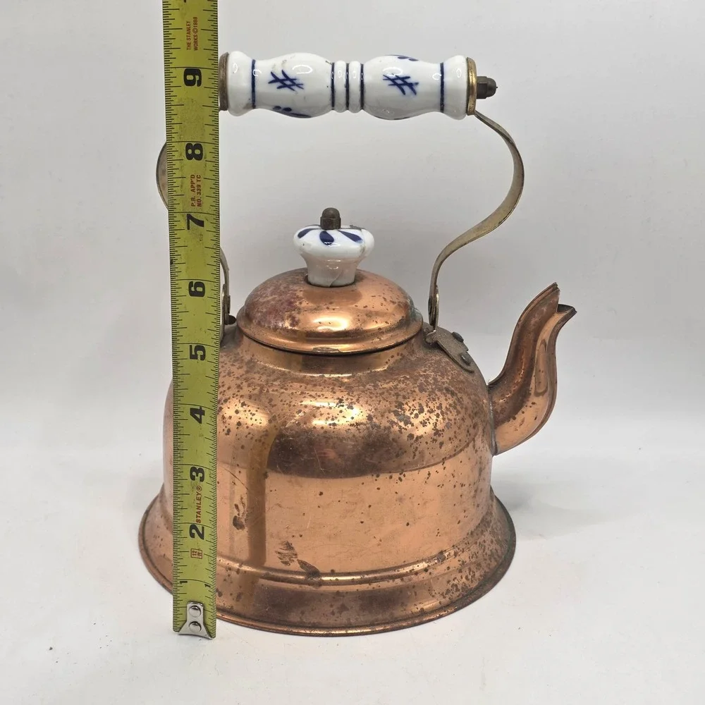 Portugal‎ Copper Tea Kettle Vintage Floral Ceramic Handle Rustic Farmhouse Decor