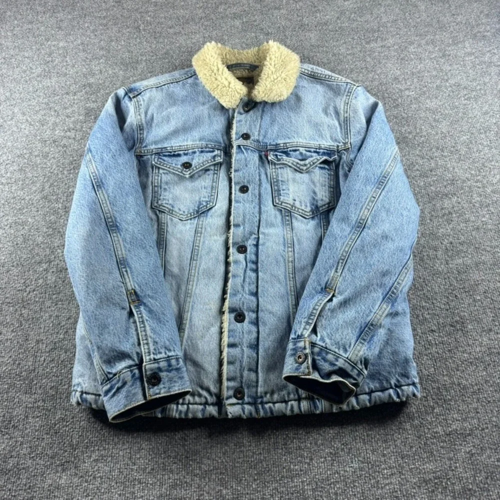 Levis Skateboarding Sherpa Trucker Jacket Mens M Blue Denim Snap Workwear
