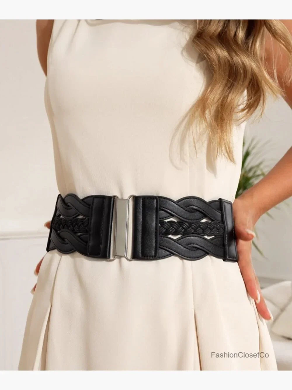 3 Inch Wide Elastic Vintage Braided Buckle Waist Belt