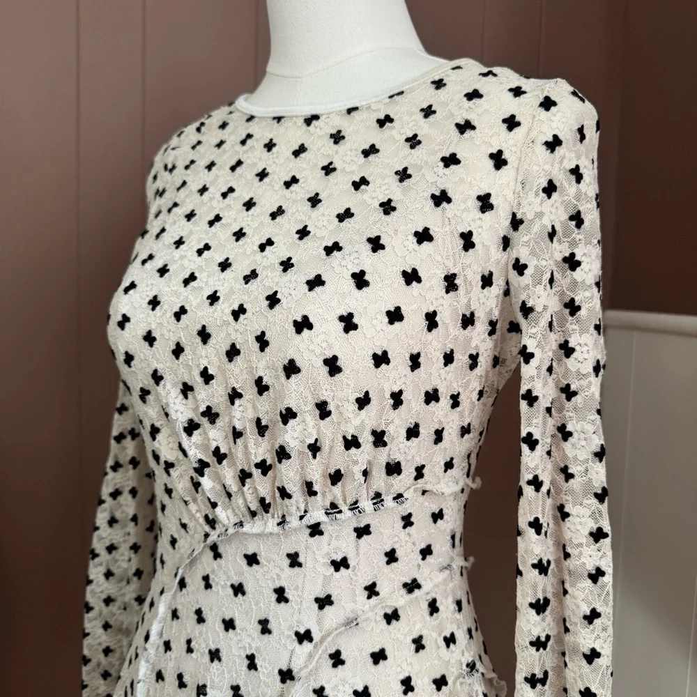 Free People Cream Long Sleeve Mini Dress with Black Dot Print