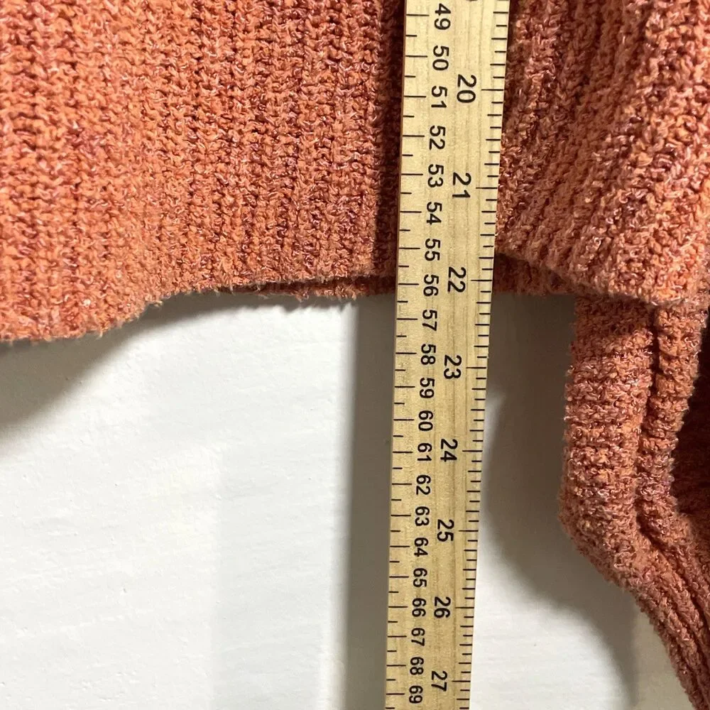 Free People Womens Orange Off Shoulder Knit Sweater Textured Puff Sleeves Medium