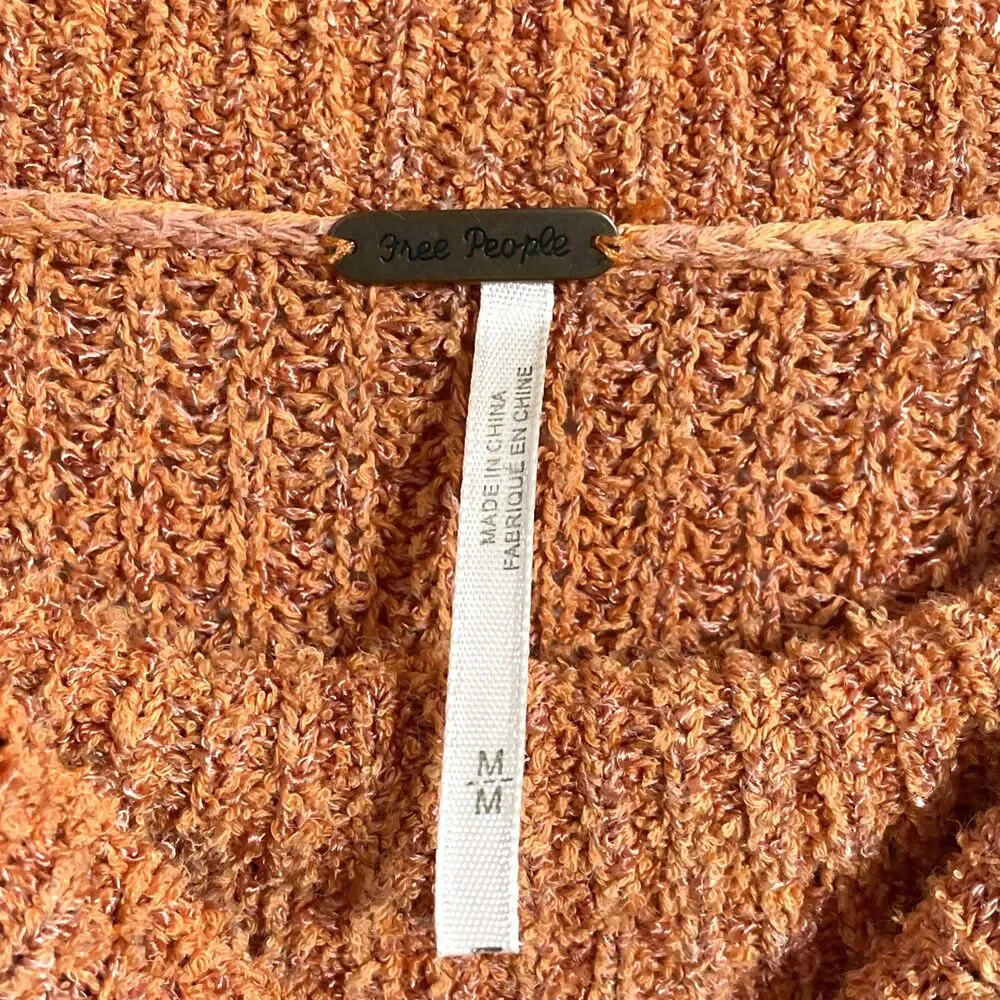 Free People Womens Orange Off Shoulder Knit Sweater Textured Puff Sleeves Medium
