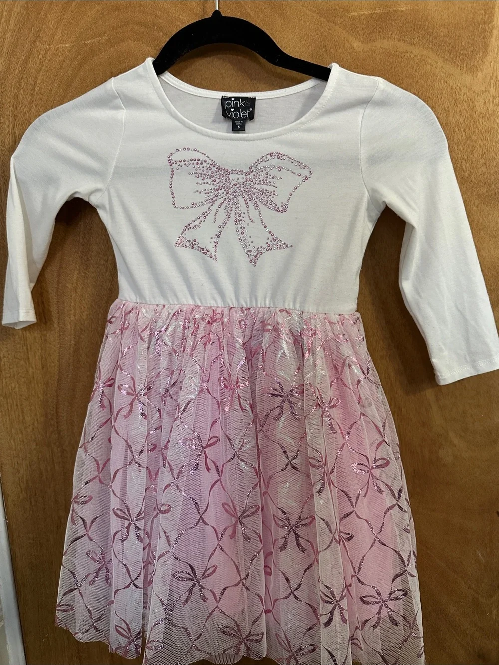 Pink Violet Girls' White & Pink Bow Tulle Dress