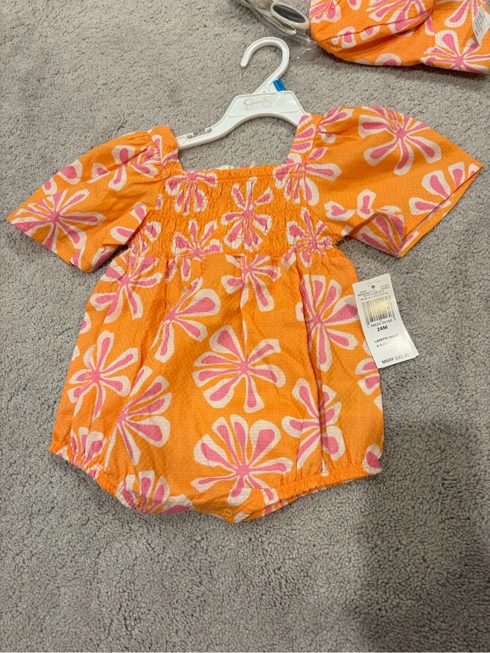 NWT Jessica Simpson Smocked Baby Romper with matching hat & glasses 24 mo