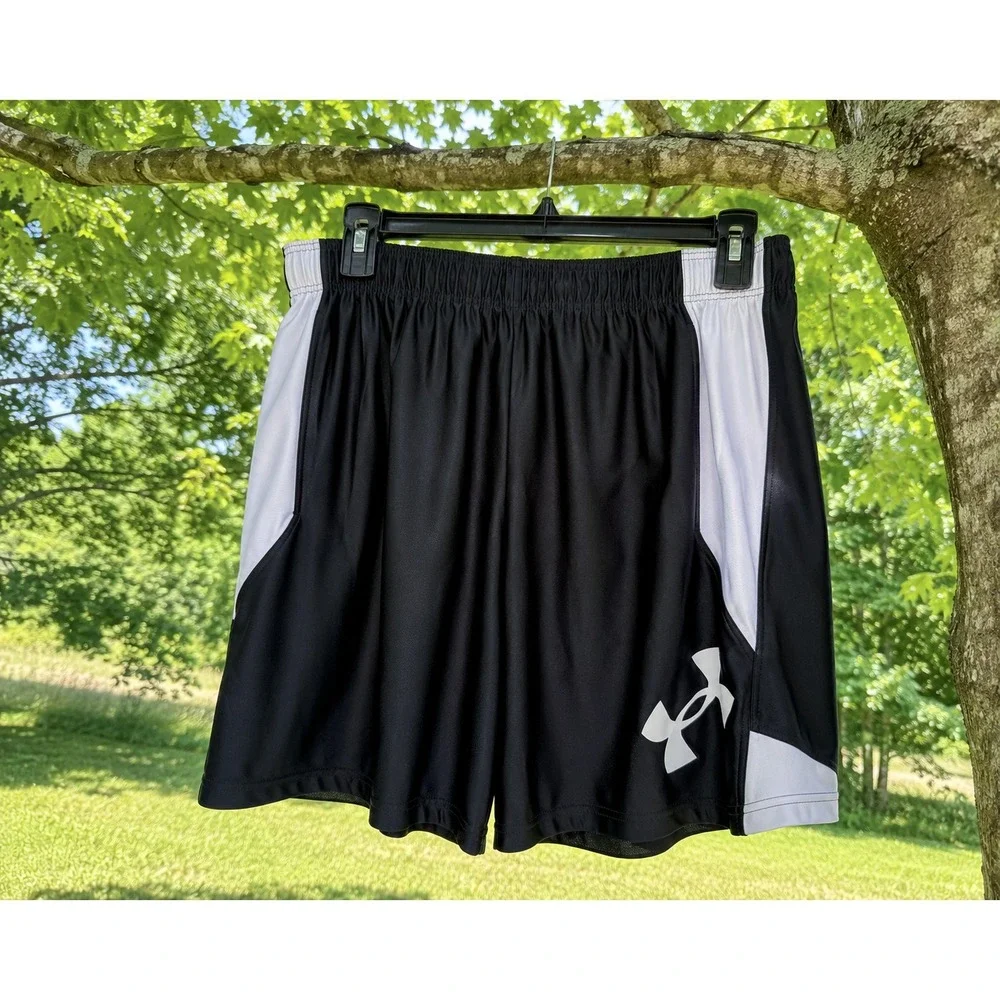 Under Armour Black White Athletic Shorts Men's Large Loose HeatGear Training