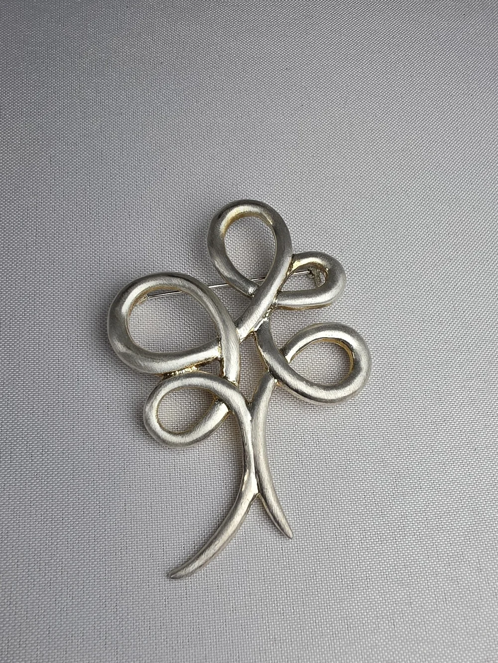 Modernist Silver Tone Ribbon Tree Brooch Minimalist Brushed Metal Pin