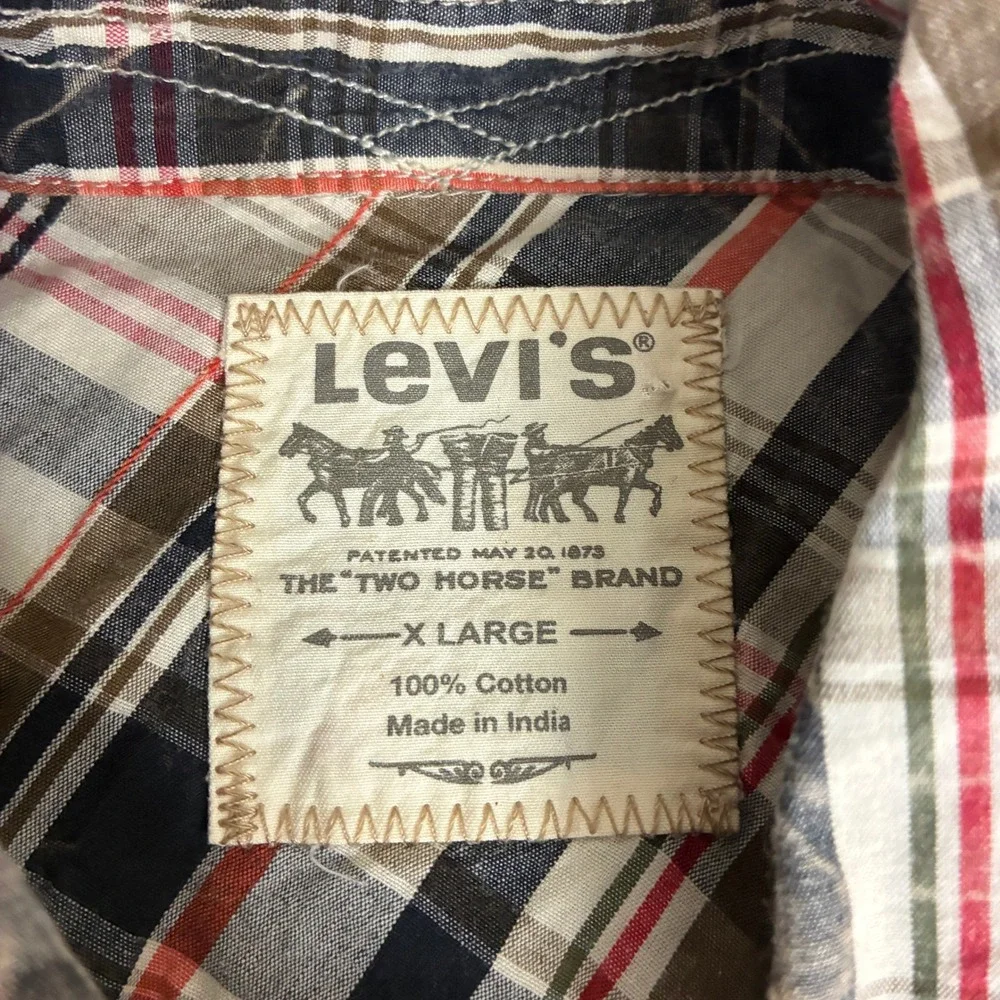 Levis Mens Western Pearl Snap Plaid Shirt Tan Black Red Long Sleeve Regular XL