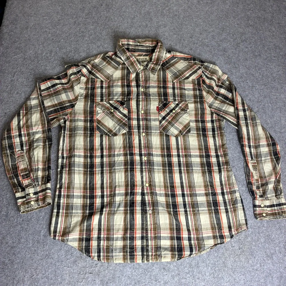 Levis Mens Western Pearl Snap Plaid Shirt Tan Black Red Long Sleeve Regular XL