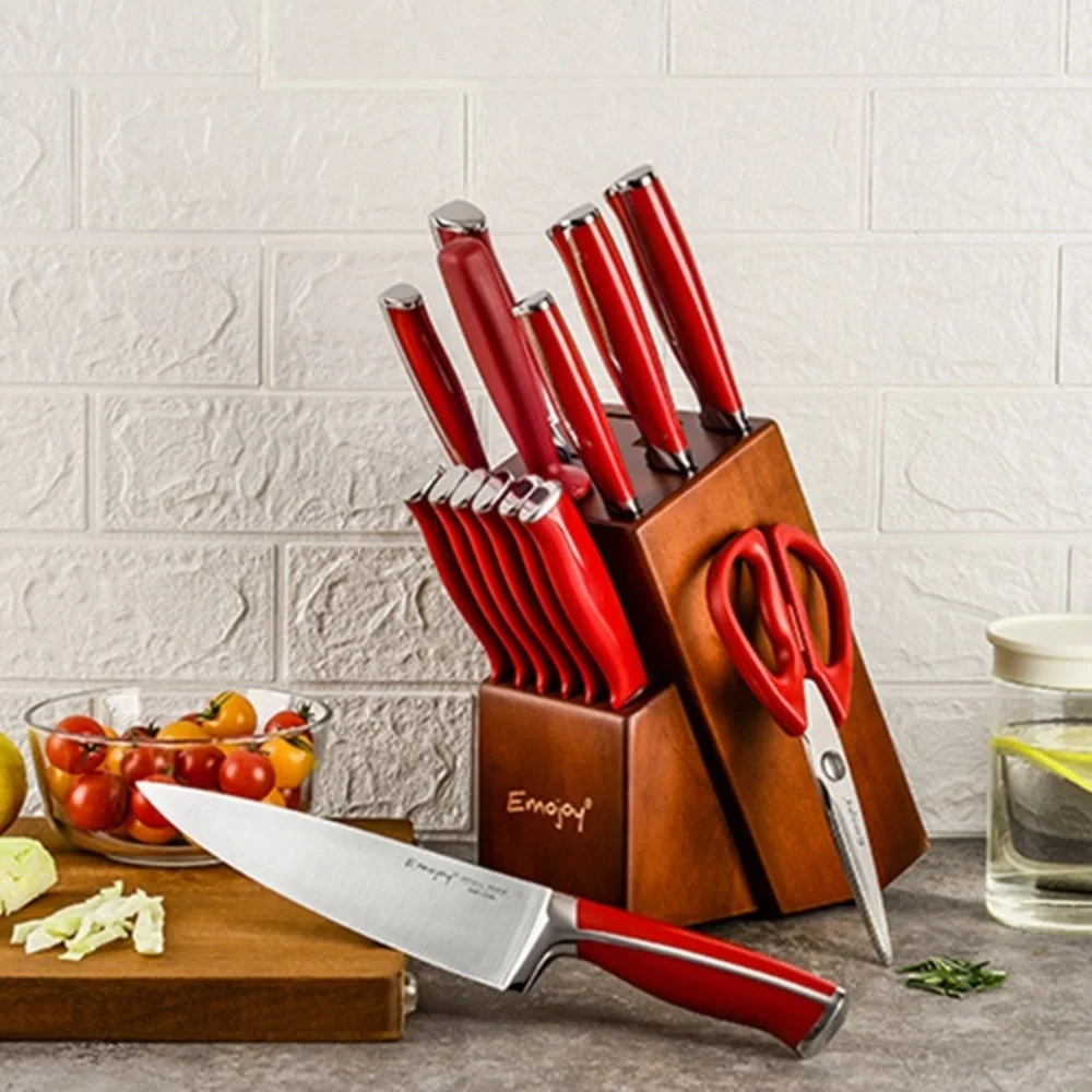 Emojoy 15-Piece Kitchen Knife Set with Wooden Block, German Stainless Steel