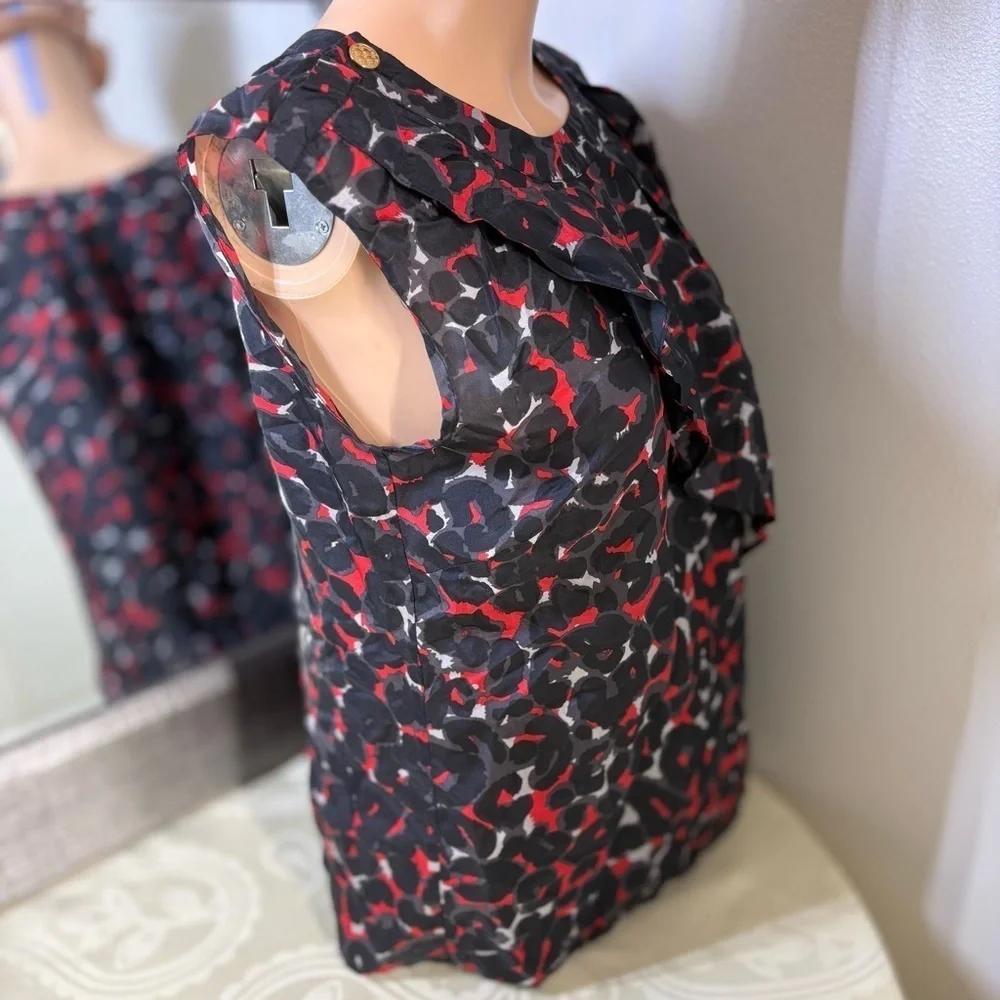 Michael Kors Black and Red Ruffled Cap Sleeve Blouse