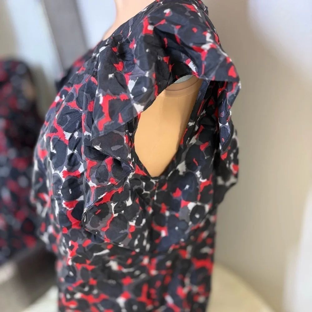 Michael Kors Black and Red Ruffled Cap Sleeve Blouse