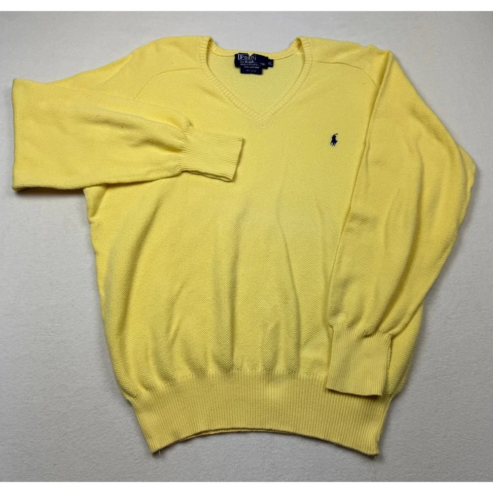 Vintage Polo Ralph Lauren XL Yellow Cotton‎ V-Neck Sweater Made in Britain
