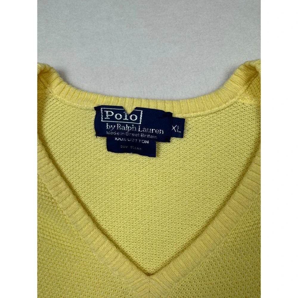 Vintage Polo Ralph Lauren XL Yellow Cotton‎ V-Neck Sweater Made in Britain