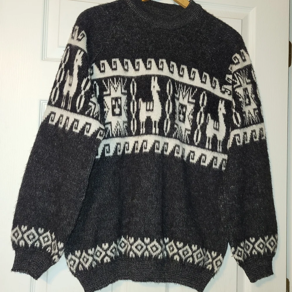 Alpaca Crewneck Sweater Men's Size Large Gray‎ White Aztec Chunky Fuzzy