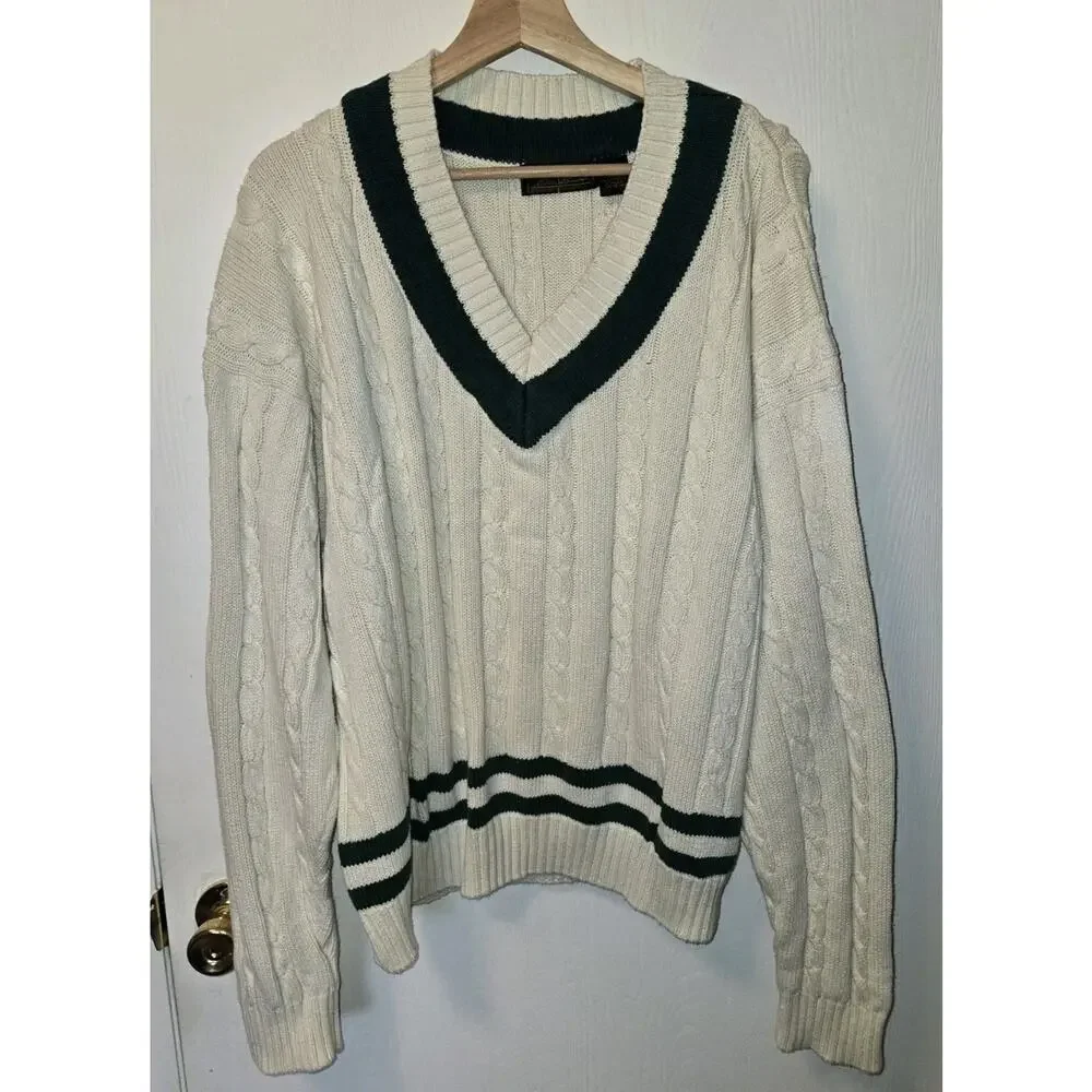 VTG Eddie Bauer Green Cable Knit V-Neck Sweater Men’s Size XL. Tennis USA
