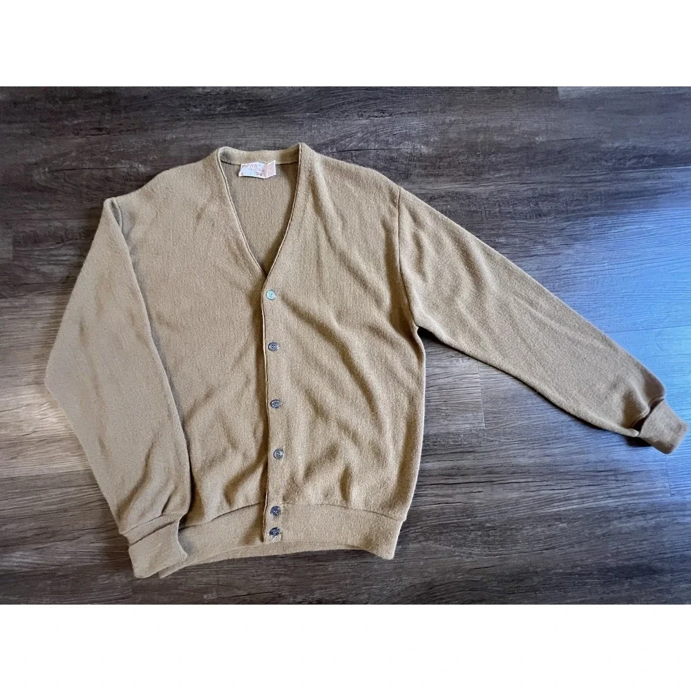 Vtg The Fox Sweater Mens‎ X-Large Camel V Neck Cardigan 80s 70s Grandpa USA A43