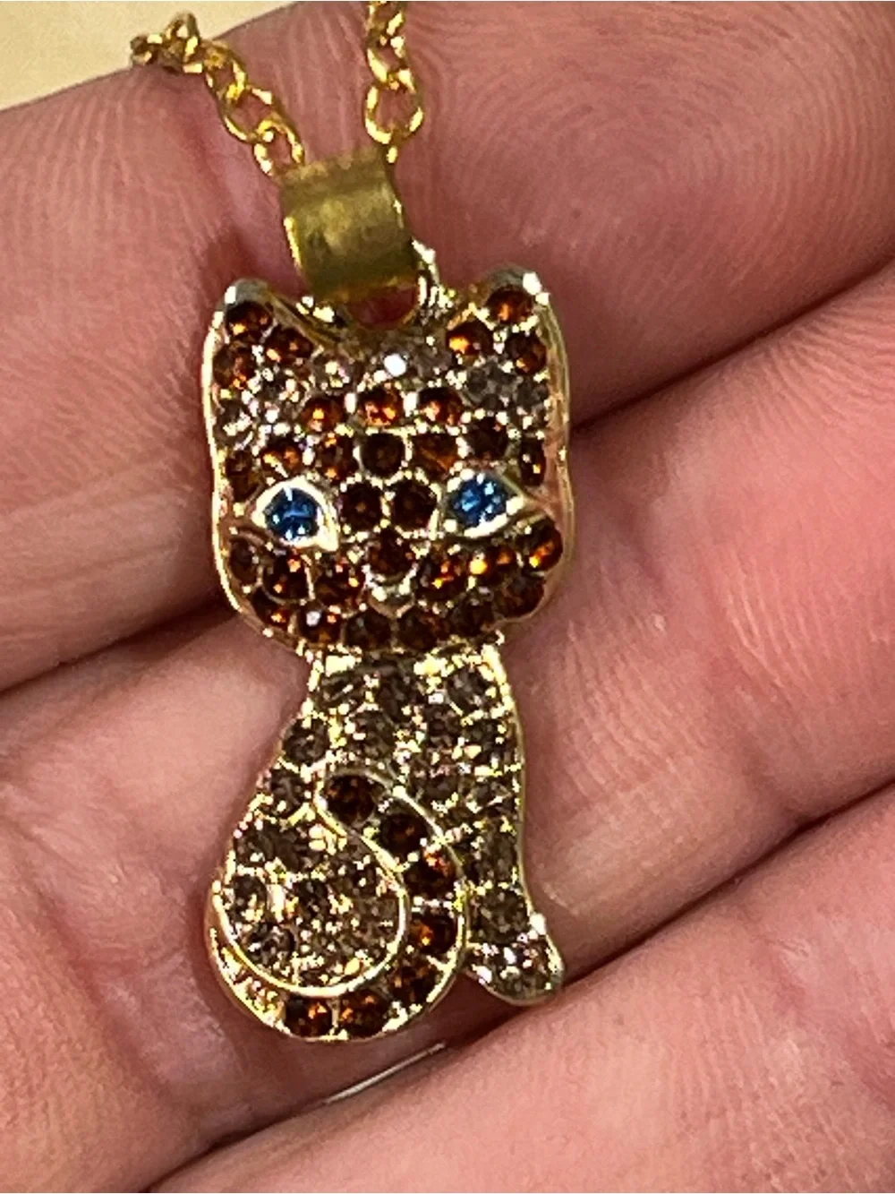 Gold Crystal Cat Pendant Necklace - Brown & Blue Accents