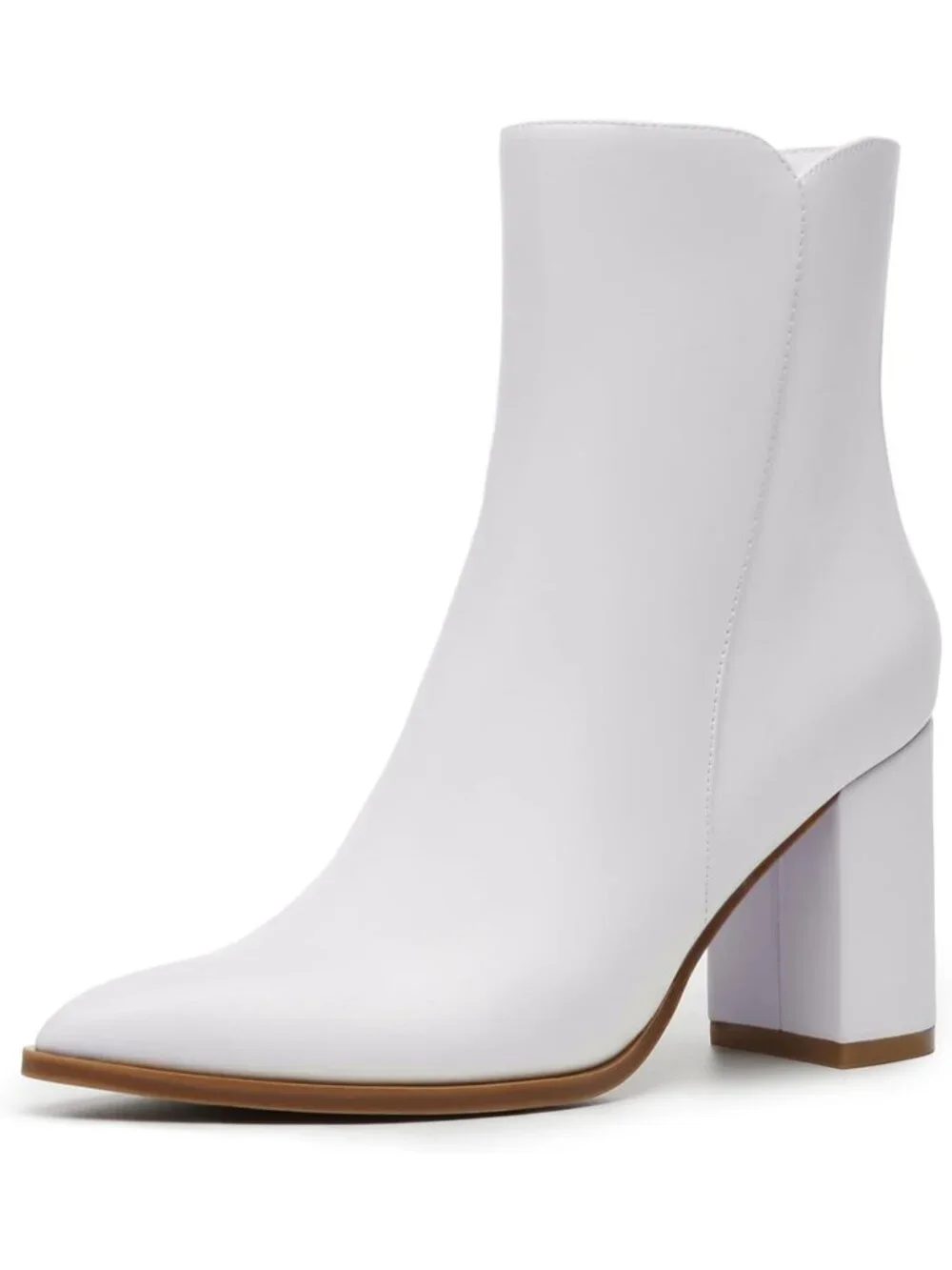 Women's White Fashion Pointed Toe Chunky Block Heel Side Zipper Short Ankle Boot