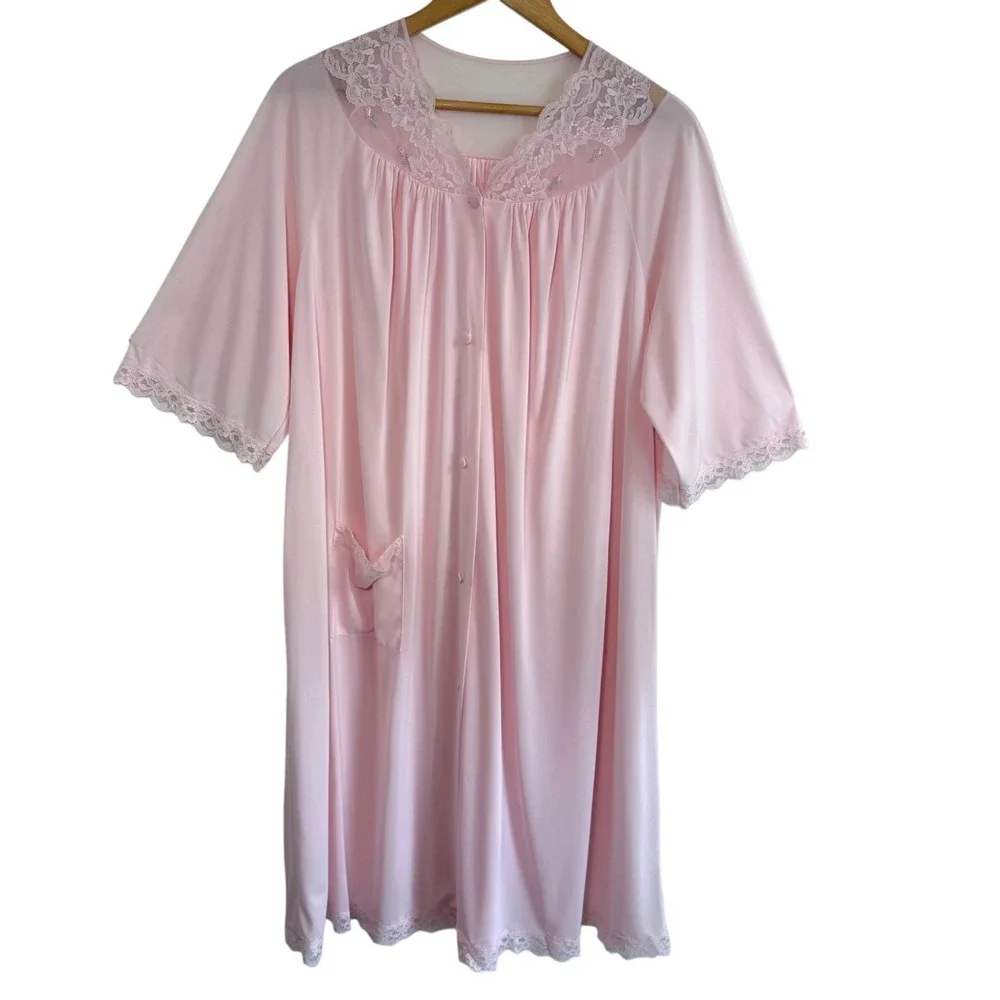 Vintage Shadowline Pink Lace Nightgown Dress Size‎ Large Made in USA Coquette