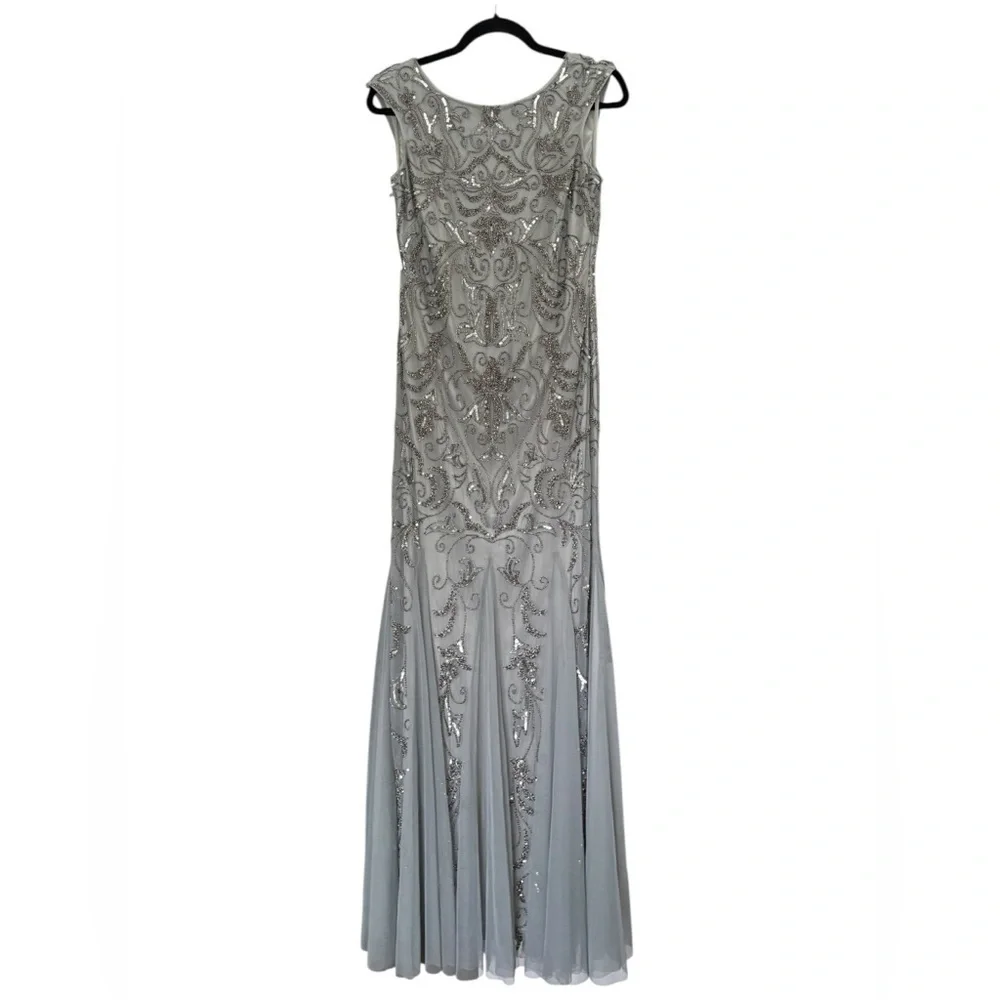 NWT Adrianna Papell Silver Gray Fully Beaded Embellished Mermaid Gown Size 10