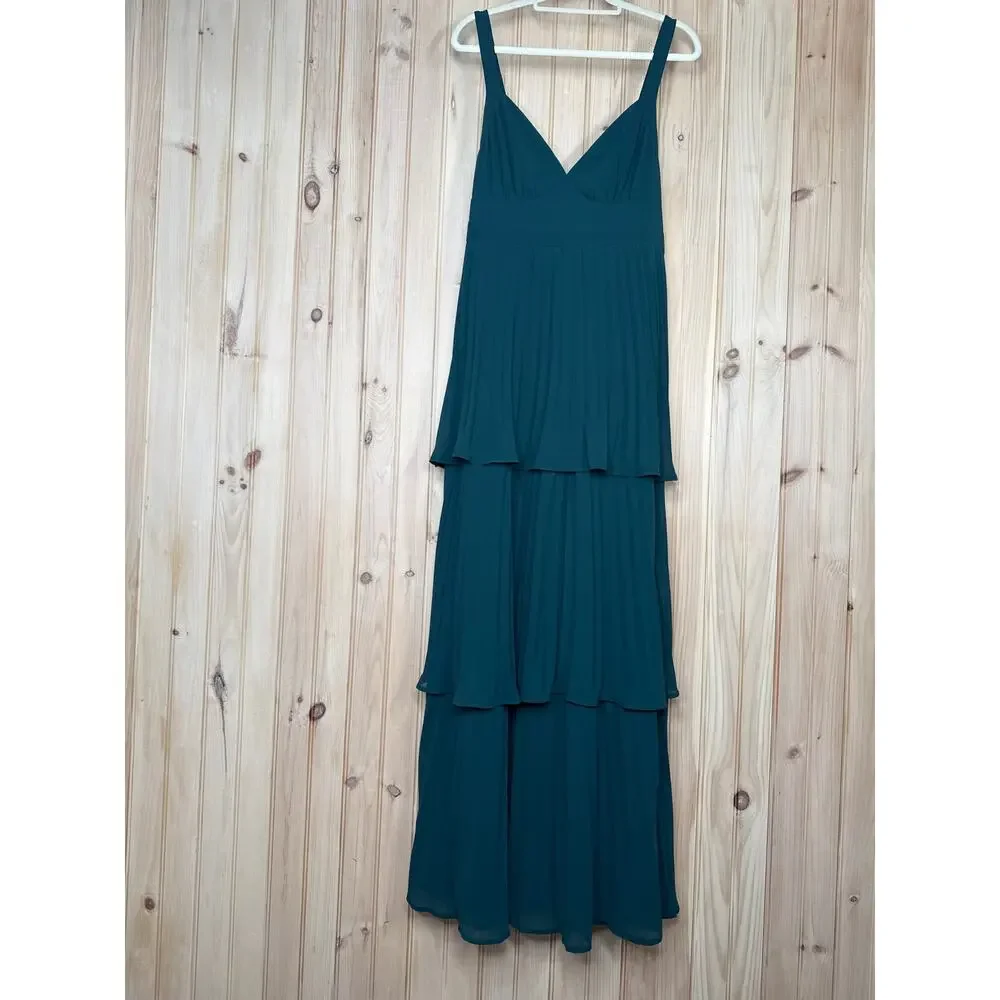 NWT Lulus Luxe Perfection Emerald Green Pleated Tiered Backless Maxi Dress Sz XL