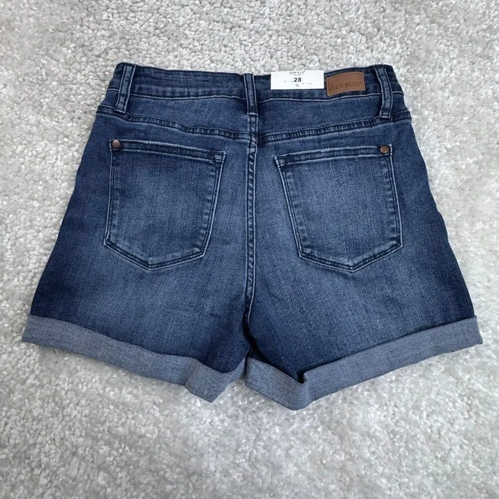 Judy Blue High Waist Cuff Shorts Dark Blue Wash Stretch Womens 28 NEW