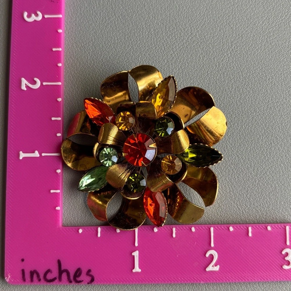 Vintage Brooch Rhinestone Gold Tone Floral Fall Color 2