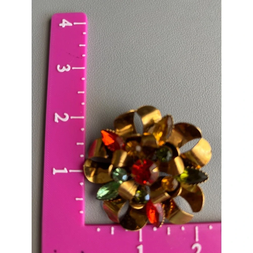 Vintage Brooch Rhinestone Gold Tone Floral Fall Color 2