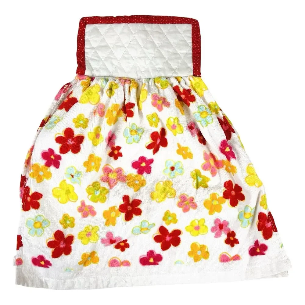 4 Handmade Hanging Kitchen Towels w/ Buttoned Pot Holder Tops Floral Mod Groovy