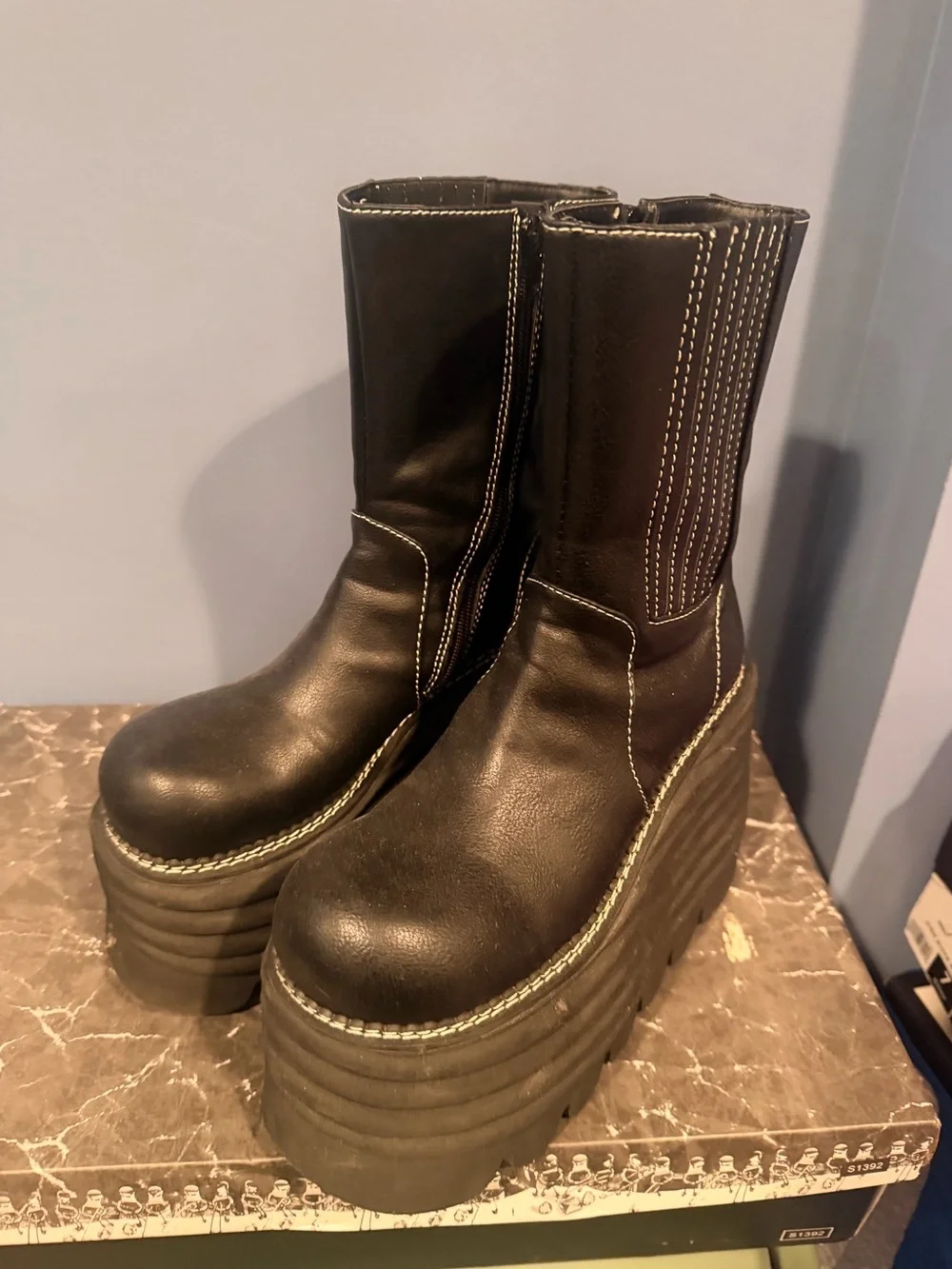Dolls Kill Black Platform Mid-Calf Boots with Contrast Stitching