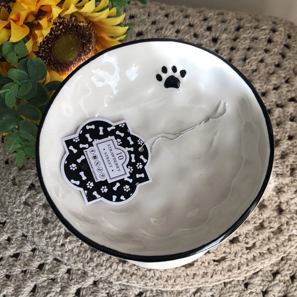 Ceramic Raised Pet Bowl with Black Paw Prints - White