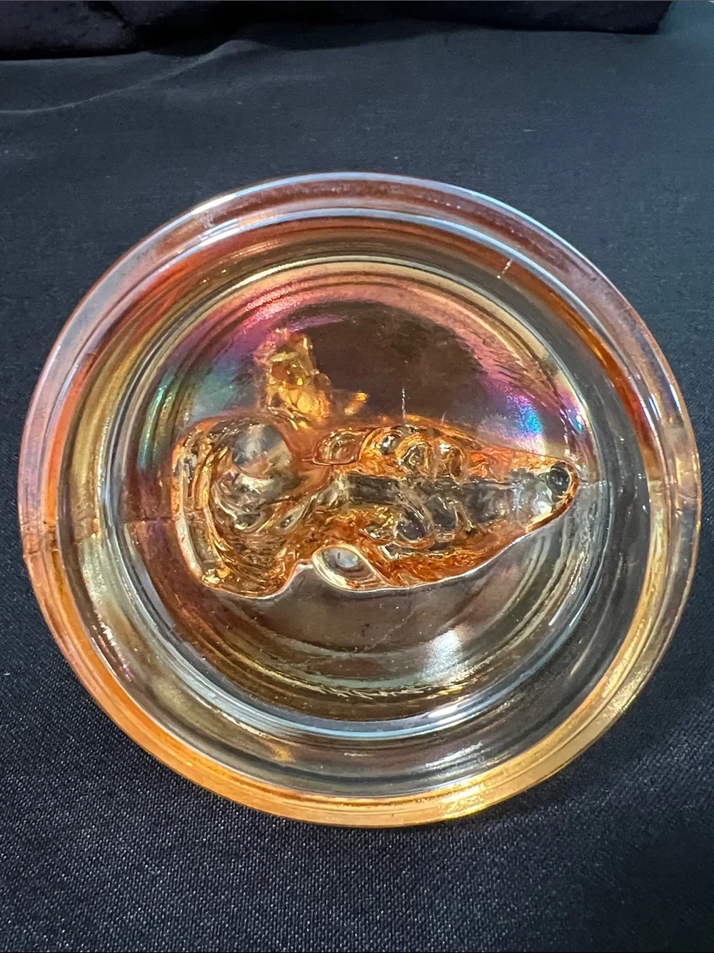 Jeanette Glass  marigold carnival glass trinket dish
