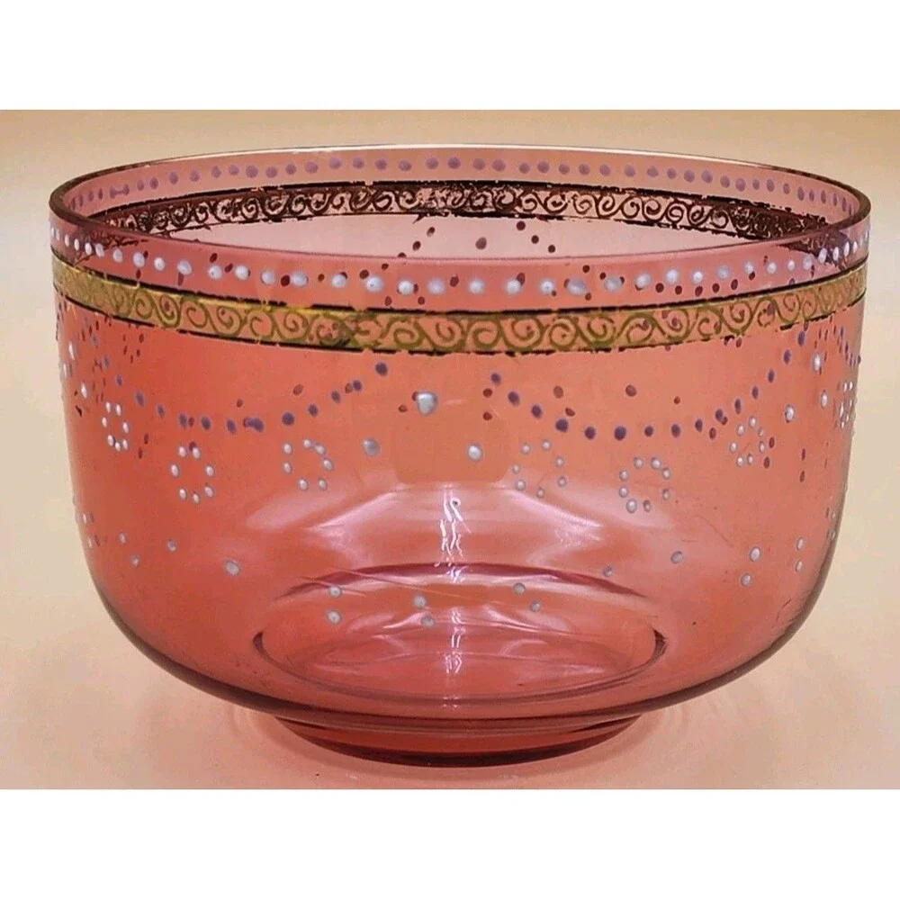 Vintage Cranberry & Gold Art Glass Bowl with Raised Enamel Floral Decorations