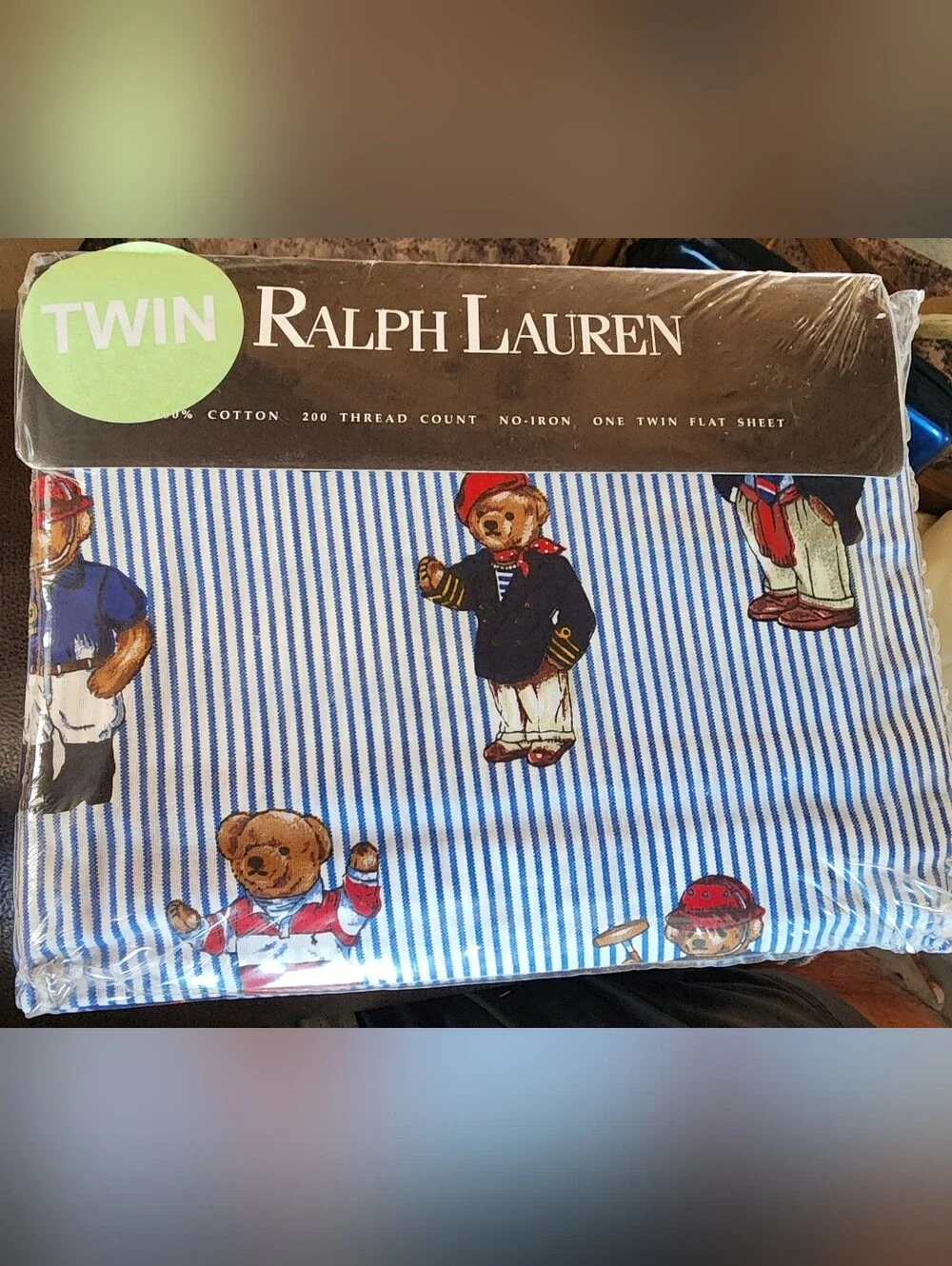 Vintage Ralph Lauren Blue & White Striped Teddy Bear Twin Flat Sheet 100% Cotton