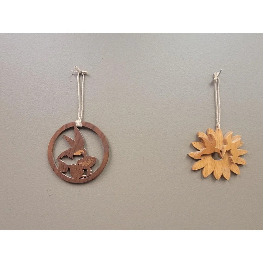 Hand‎ Carved Wooden Bird Ornaments – Pair of Folk Art Hanging Decorations