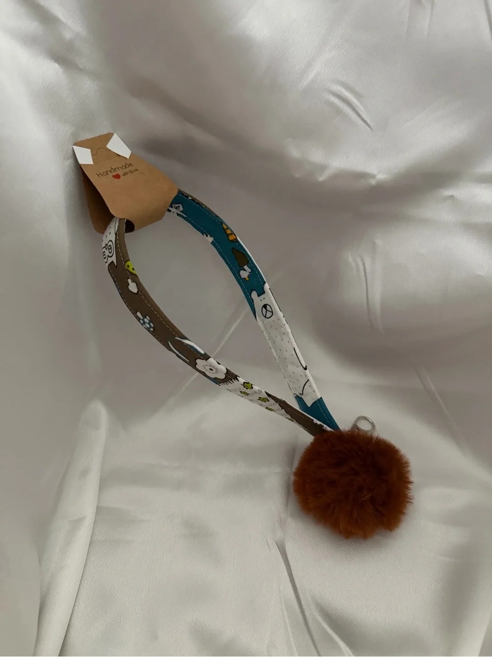 Handmade Owl and Bear Pattern Wristlet Keychain with Brown Pompom