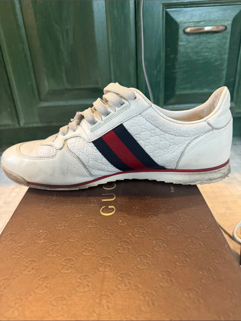 Gucci Men’s Micro Guccissima Leather Sneakers with Red & Navy Stripe