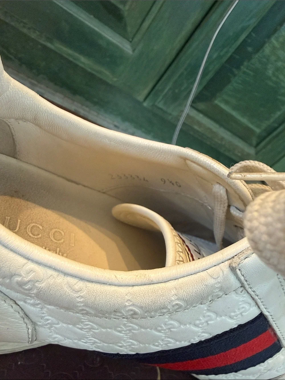 Gucci Men’s Micro Guccissima Leather Sneakers with Red & Navy Stripe