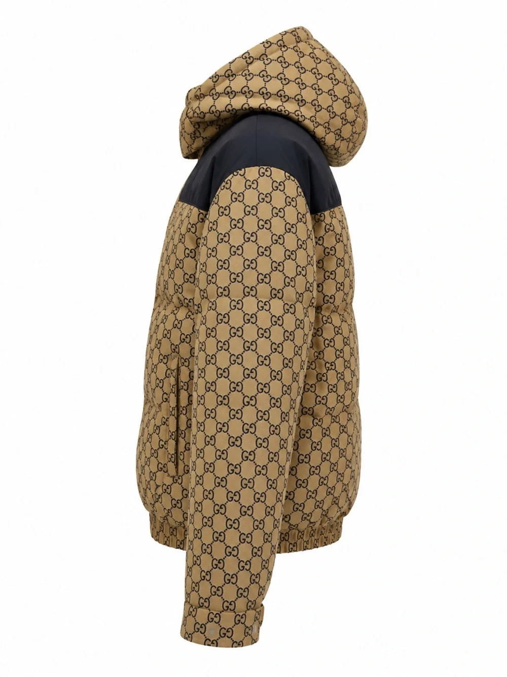 Gucci Brown GG Monogram Hooded Puffer Jacket with Black Yoke
