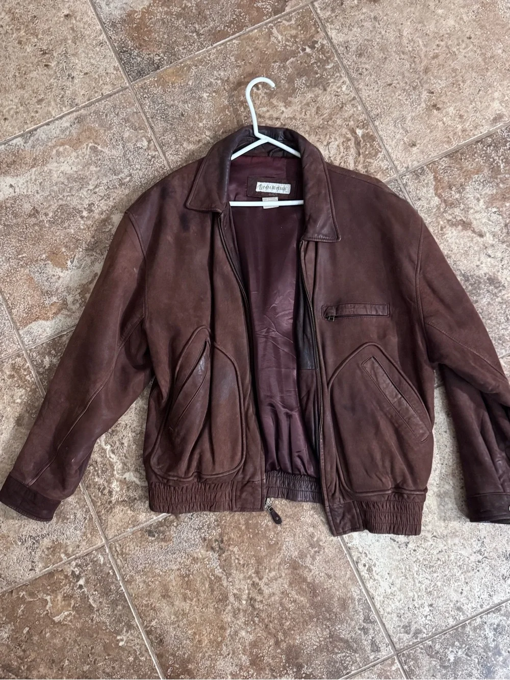 Men's Brown Leather Bomber Jacket Size 42