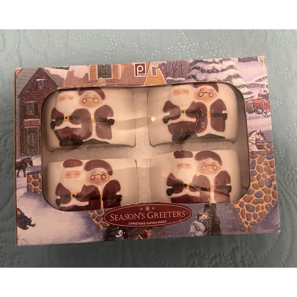 Publix Seasons Greeters Mr & Mrs Santa Claus Napkin Rings‎ Holders Set of 4 New